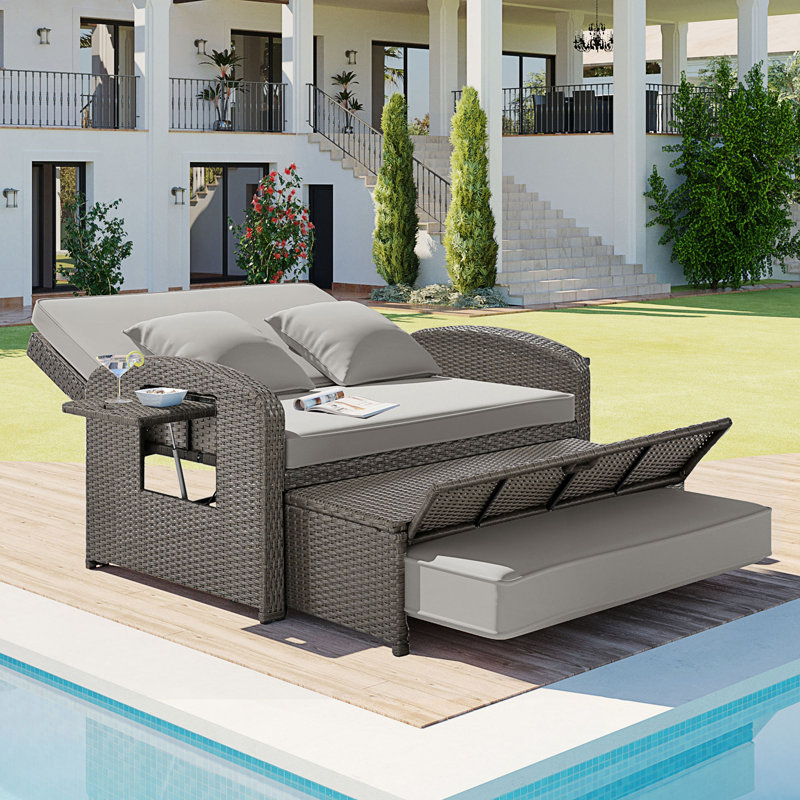 Rattan Double Chaise Lounge, 2-Person Reclining Daybed With Adjustable Back And Cushions, Free Protection Cover, Gray