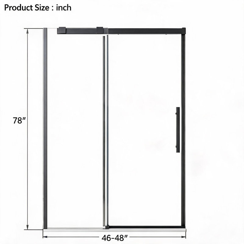 Porte de douche coulissante simple sans cadre, noir mat, de 117 à 122 cm (46 à 48 pouces), en verre trempé de 8 mm (5/16 po) d'épaisseur.