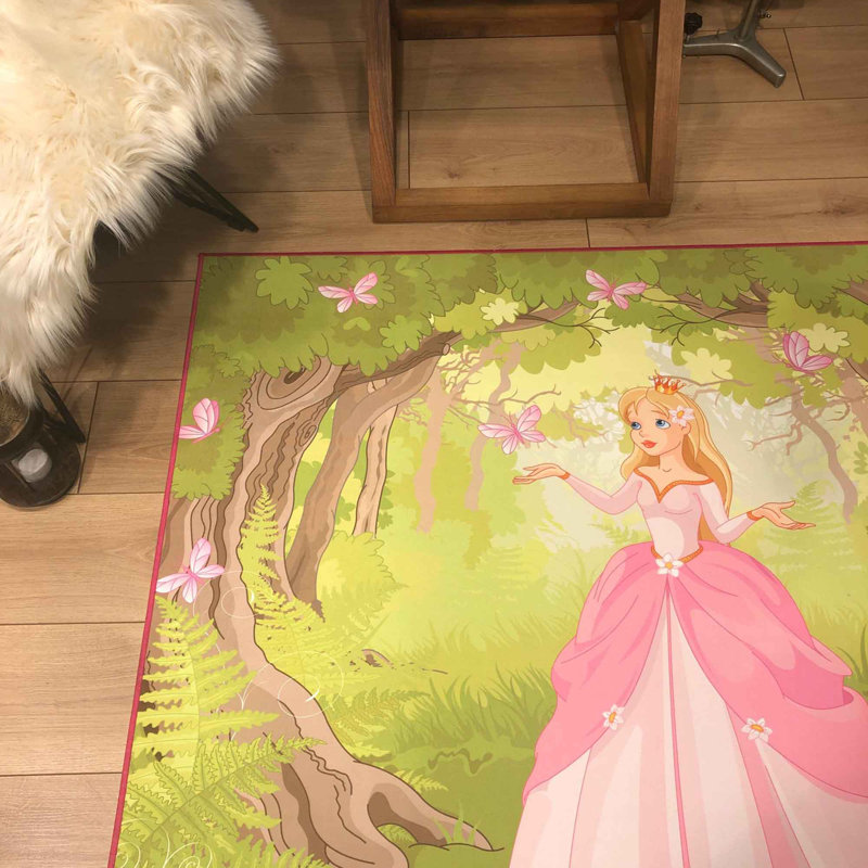 Tapis rectangulaire en polyester tissé à plat à la machine en vert / rose Lafrance, Rectangle 4 pi 7 po x 6 pi 7 po