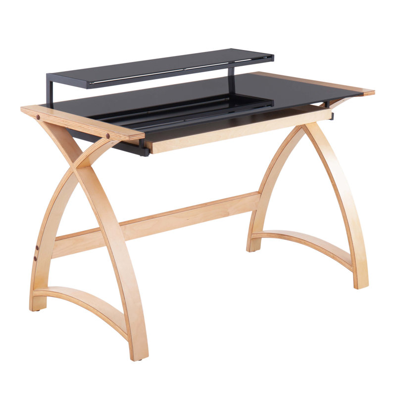 Bentley Mid-Century Modern Office Desk In Natural Wood And Black Glass