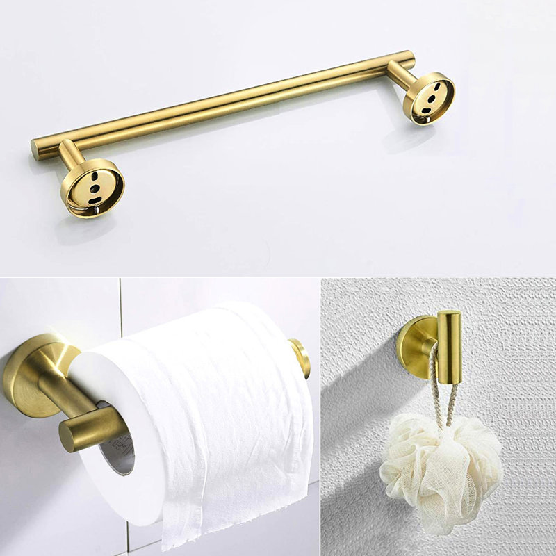 3 Bathroom In Gold - Sus304 Stainless Steel Hardware. Rustproof Bath Accessories. 12" Towel Bar, Toilet Paper Holder, Robe Hook. Modern Round Design With Smooth Finish. Easy Maintenance. Mounting