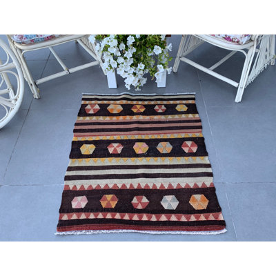 Kilim rétro Oushak Anatolian turc en laine biologique avec un motif ethnique traditionnel