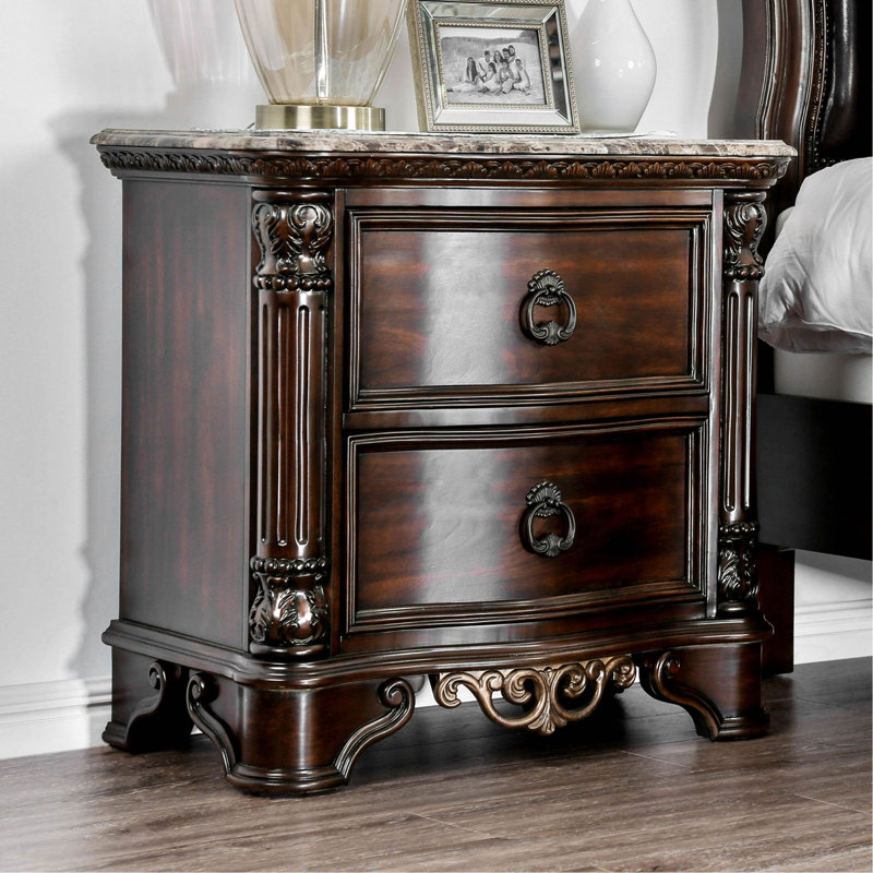 Table de chevet en marbre véritable avec 2 tiroirs, cerisier brun