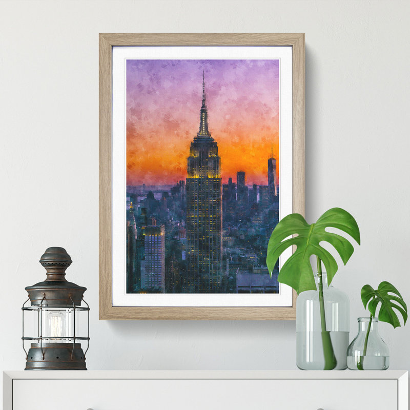 Empire State Building Sunset Framed Print, 33cm H x 24cm W x 2cm D, Oak Framed