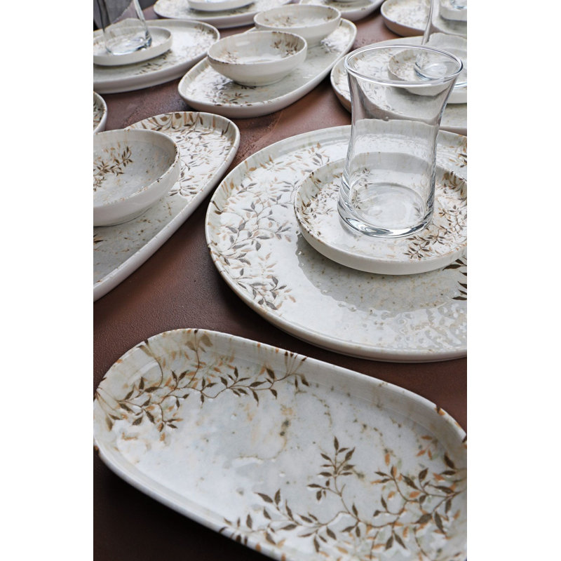 Ensemble de petit-déjeuner 29 pièces, 100% porcelaine | Comprend 6 assiettes (9,4 po), 2 ovales olive, 1 grand plat (9,8 po), 2 plateaux moyens (8,7 po), 4 bols (4 po), 6 tasses à thé et 6 soucoupes | Va au lave-vaisselle et au micro-ondes, expérience culinaire élégante