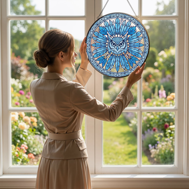 Vitrail Hibou bleu ， 12 po, 12"H