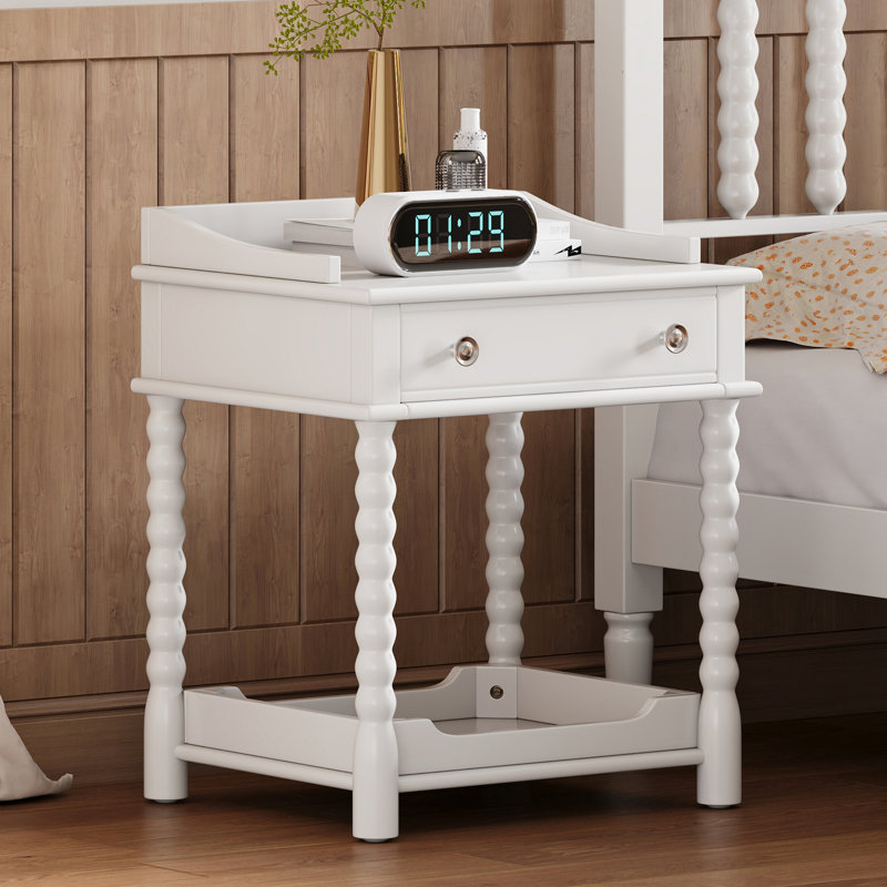 Retro Style Nightstand With Drawer And Open Shelf For Bedroom, Bedside Table With Turned Legs And Metal Handle,White