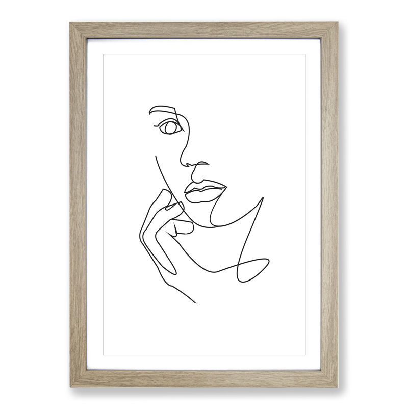 Line Female Face - Picture Frame Drawing, 90cm H x 65cm W x 2cm D, Oak Framed