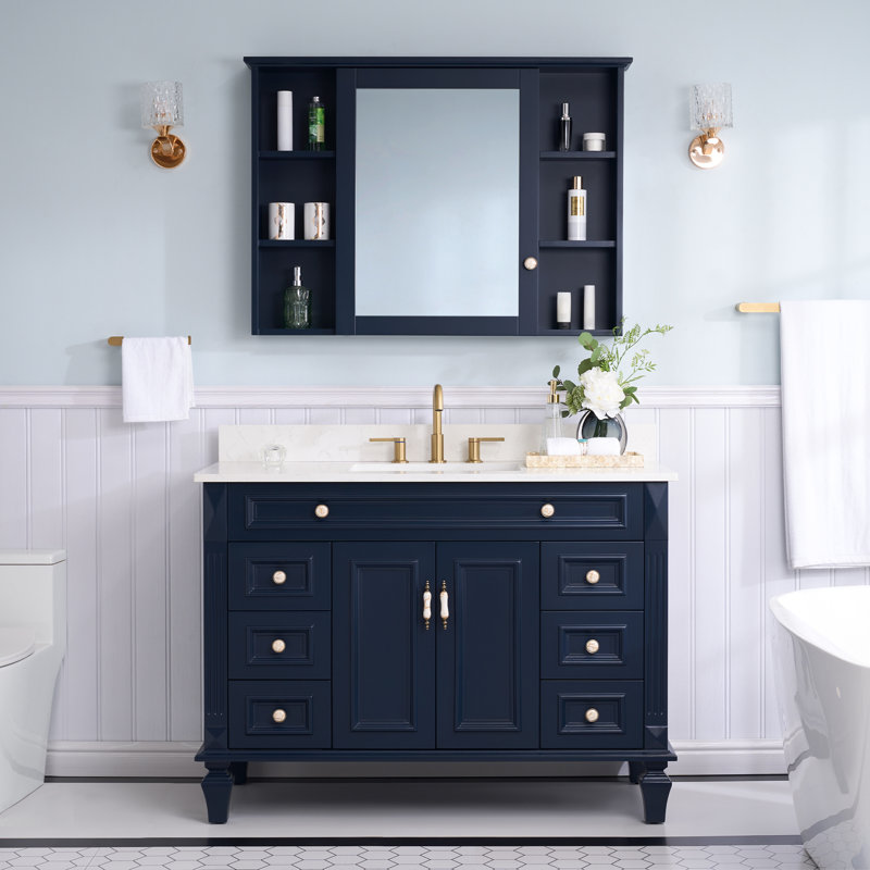 Meuble-lavabo en bois massif H 35 po x l 48 po Elmmanual avec comptoir en quartz blanc Carrera résistant aux taches et lavabo simple
