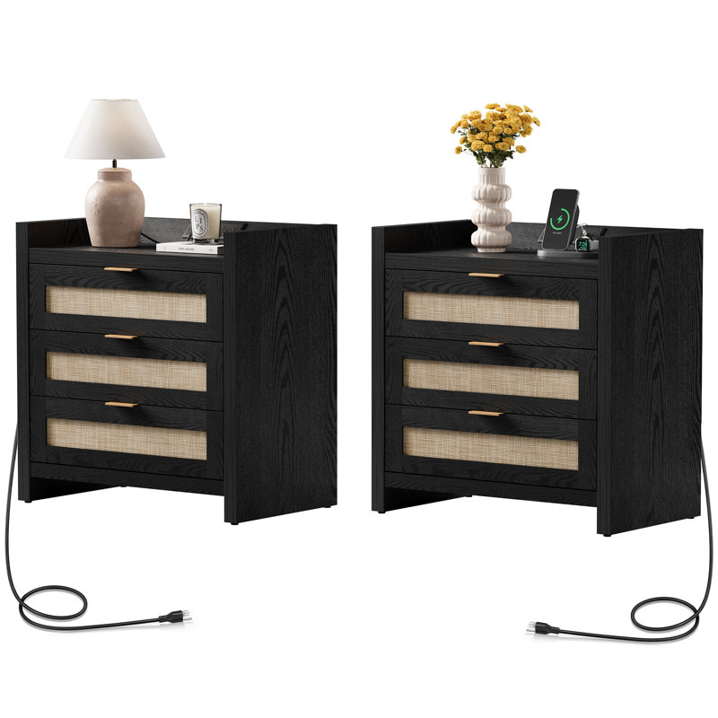 Ashvir Rattan 3-Drawer Nightstand With Built-In Outlets, Black