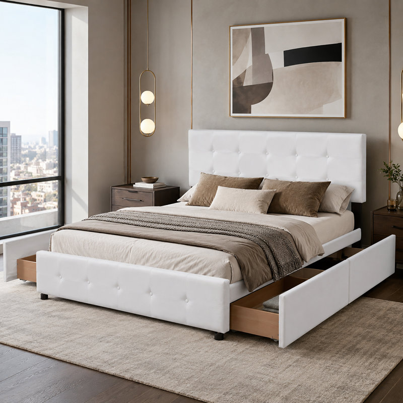 Grand lit plateforme avec rangement et quatre tiroirs Modern, Blanc