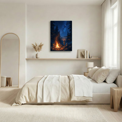 Hikers Around Campfire In Forest Under Starry Sky Canvas Wall Art