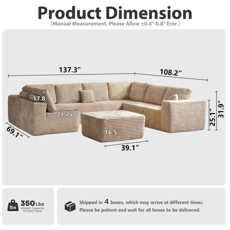 Vivelle Boneless 5-Piece Modular Sectional Floor Sofa In Plush Corduroy, No Assembly Needed, Cloud Couch For Living Room