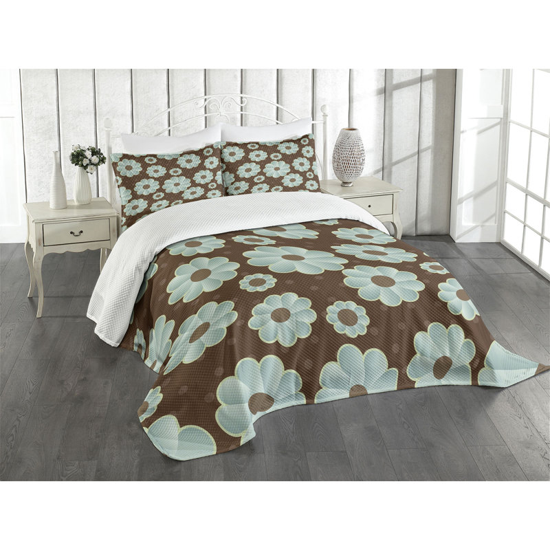 Brown and Blue Floral Queen Quilted Bedspread Set