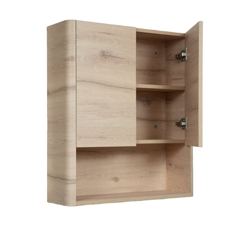 26" Wall Mounted Bathroom Storage Cabinet With Curved Edge Design, Soft-Close Doors & Open Shelf, Modern Floating Organizer For Bathroom, Laundry, Or Kitchen (White Oak / Beige)