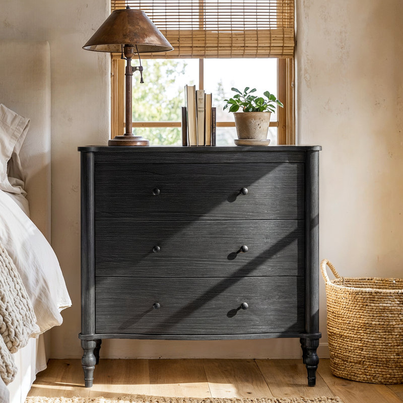 Aaron 32.8'' W Vintage Curved Front Nightstand with 3 Drawers, Solid Wood Legs and Metal Knobs Adorn (Set of 2), Grayish