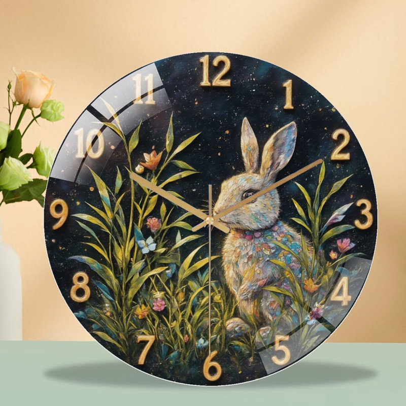 Horloge avec lapin dans un jardin étoilé - horloge murale moderne en verre 12 po