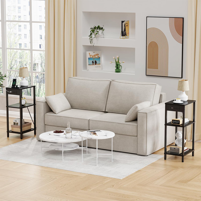Table de bout étroite à 3 niveaux avec station de charge et rangement, petite table d'appoint avec prises et ports USB pour la chambre à coucher, le salon et le bureau