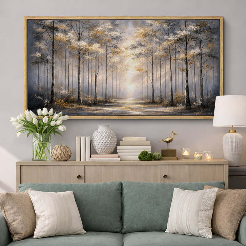 Impression sur toile encadrée, "Golden Light Forest Path Landscape", très grandes photos, Naturel