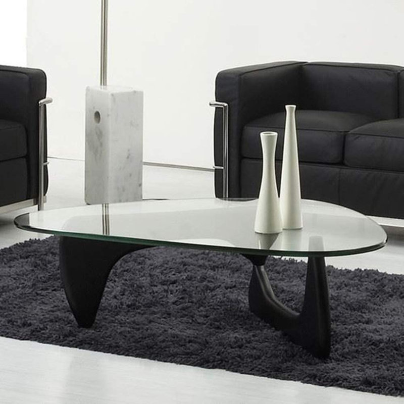 Triangle Glass Coffee Table with Wooden Base Clear Glass Top Mid-Century Abstract Glass Table, Black