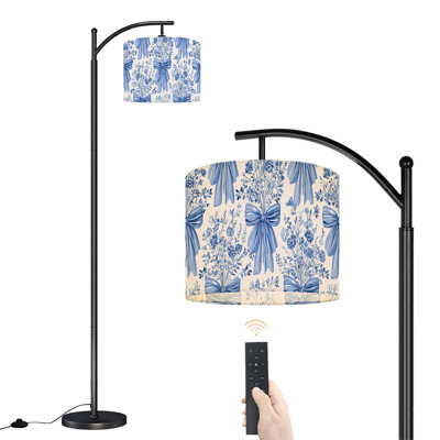 Lampe sur pied à arc avec abat-jour réglable floral damassé sans soudure sur pied bleu 3 températures de couleur à haut gradateur avec interrupteur au pied pour la chambre à coucher