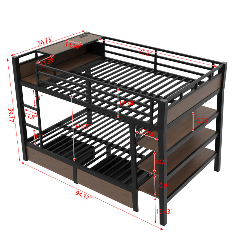 Lit superposé double en métal avec tablettes de rangement et ports USB, noir, Double