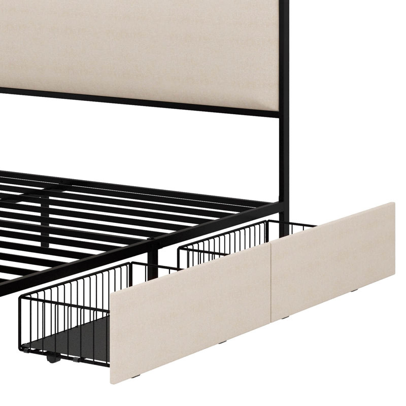 Structure de lit moderne en métal avec tête de lit tapissier courbée, pied de lit et 4 tiroirs de rangement pratiques, Roi