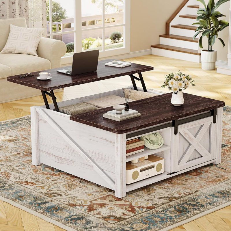 Veronike Coffee Table Lift Top Coffee Table, Vintage White/Espresso Wood