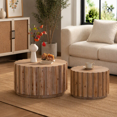 Ensemble de 2 tables basses gigognes rondes 19,7 "+ 27,5", tables d'appoint en bois de noyer avec lattes verticales, tables d'appoint rustiques de style campagnard pour le salon