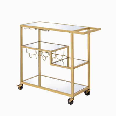 Adamsen Mirrored & Champagne Finish Serving Cart, Wine Bottle & Steamware Rack