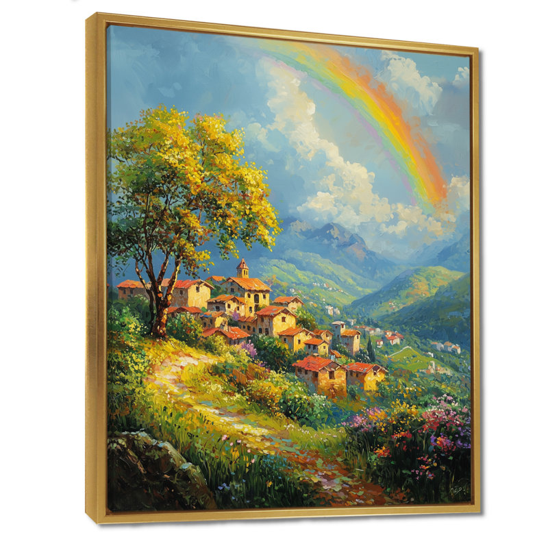 Rainbow Over The Hillside Village II - art mural arc-en-ciel, H 20 po x l 12 po, Reproduction avec cadre flottant, Doré