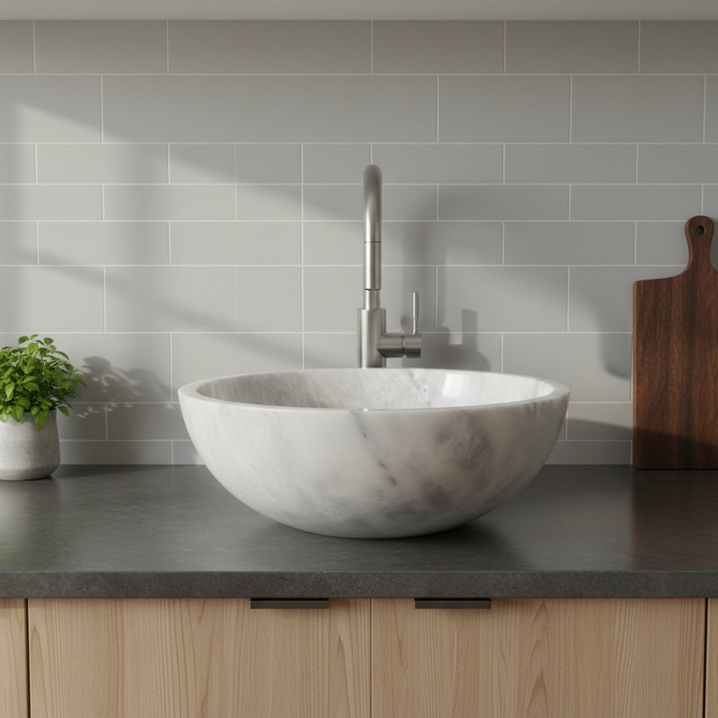 Lavabo vasque rond 15,5 po en marbre gris Badal - Lavabo de salle de bain en pierre naturelle polie - Meuble-lavabo moderne pour salle d'eau et salle de bain principale