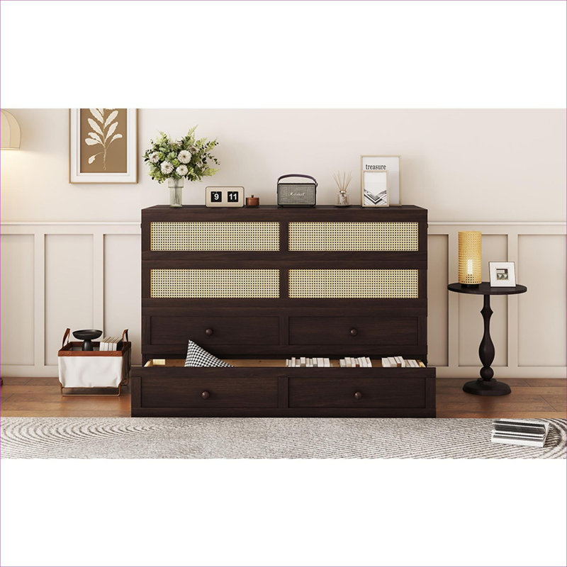 Small Space Guest Room Boho Style Queen Murphy Cabinet Bed With Rattan Accent, Built-in Storage Drawer, Brown-toned Solid Pine