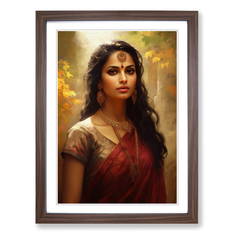 Indian Woman Classicism - Single Picture Frame Print on Wood, 46cm H x 34cm W x 2cm D, Walnut 