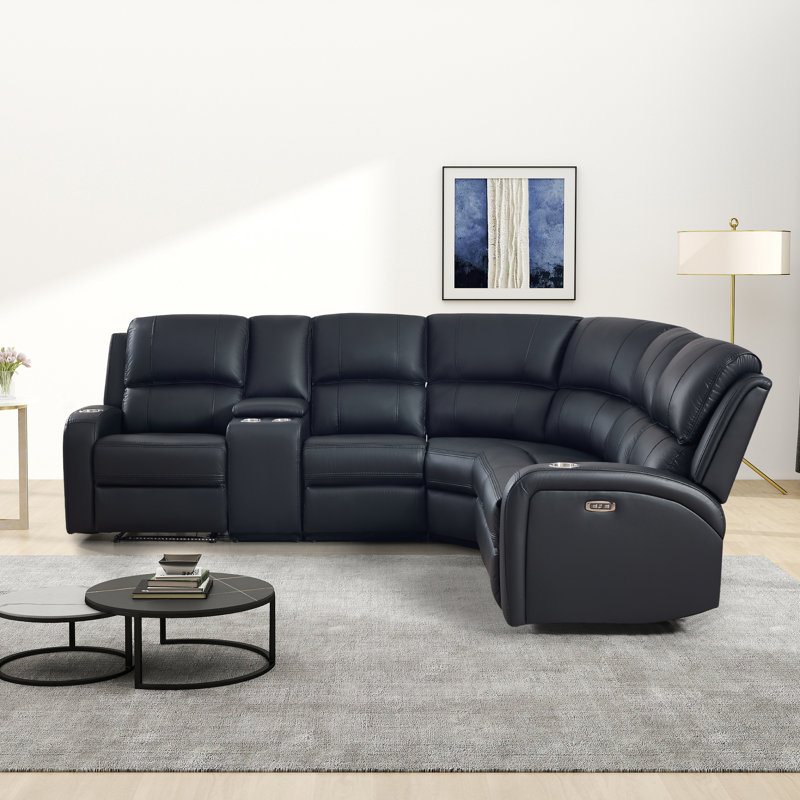 7-Piece Breathable Leather Power Reclining Sectional, Home Theater Couch With Storage, Cup Holder & LED, Black Faux Leather