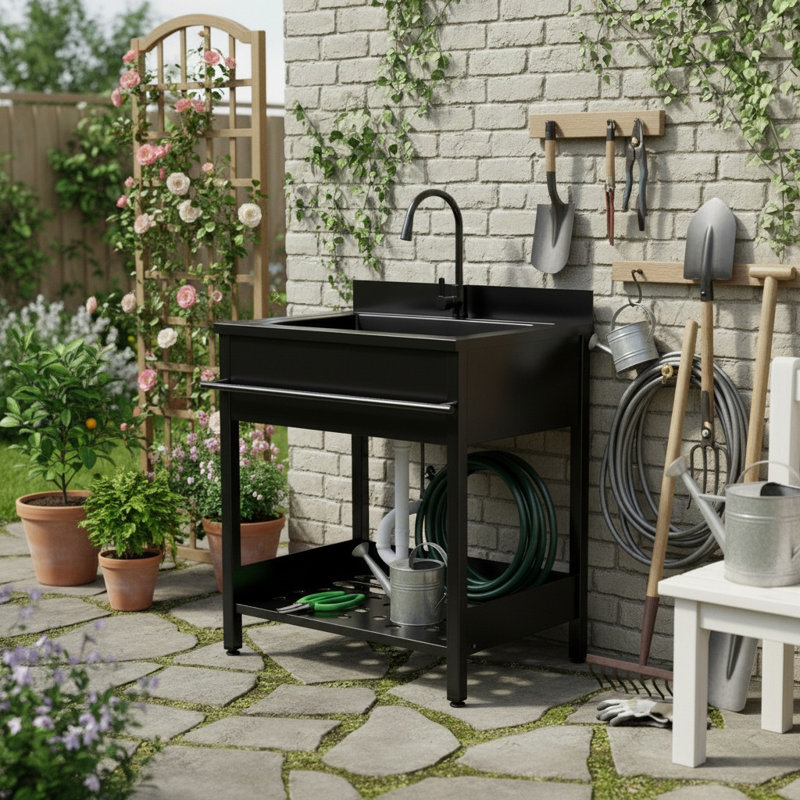 Évier utilitaire en acier inoxydable 304 avec pulvérisateur rétractable - Baignoire autoportante robuste pour salles de lavage, ateliers et utilisation commerciale