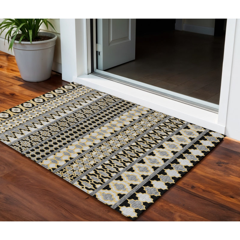 Tapis intérieur / extérieur lavable quadrilobe gris anthracite et doré 3 pi x 5 pi