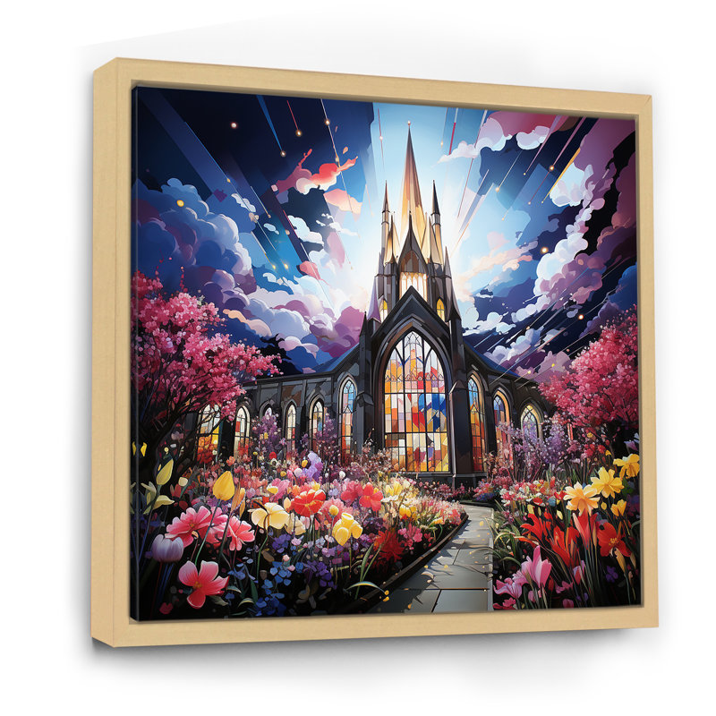 «Blue Expressive Illumination Church», art mural Église, Cadre flottant brun, H 16 po x l 16 po x P 1 po