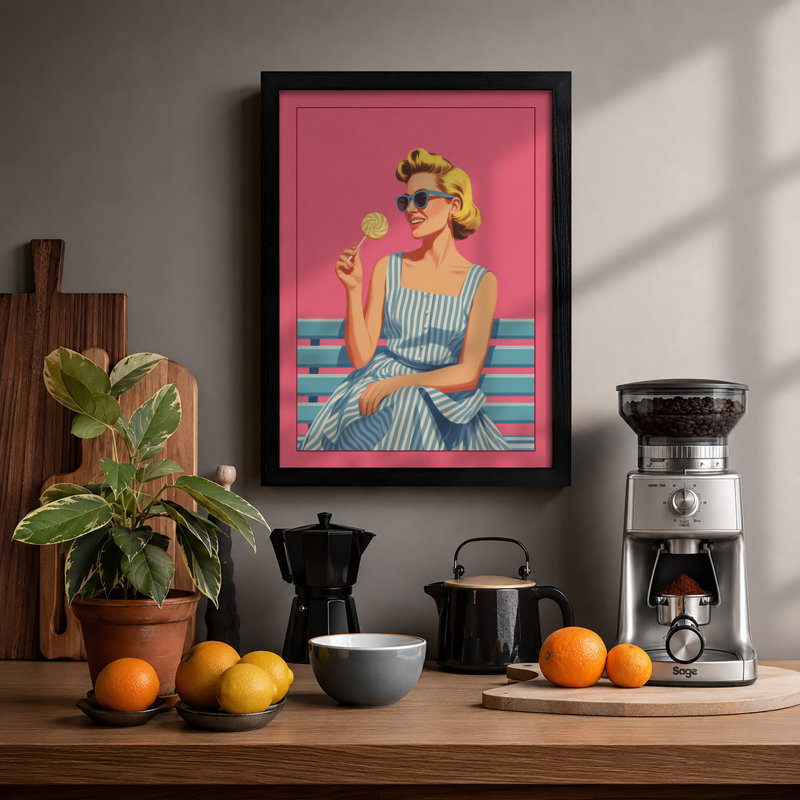 Woman with Lollipop Retro - Framed Print, A1 - 84.1 x 59.4 cm, Black