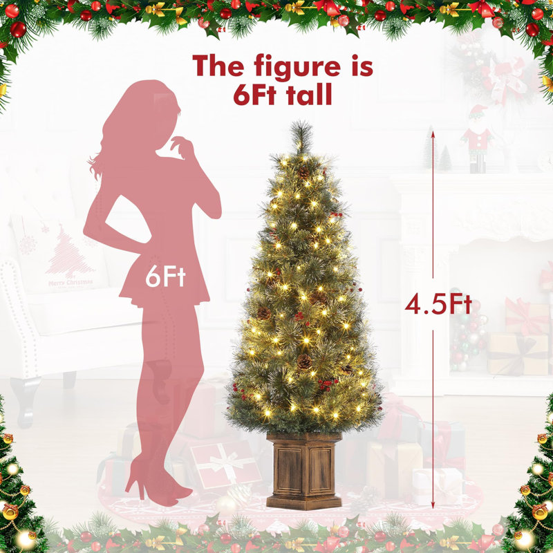 Christmas Tree-Fat Tree Body Contains 4.5Fth Potted Tree 200 Lights, Frost Flowering Cedar, Large Square Pot Base, 4 Red Fruits