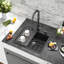 Évier de cuisine en quartz noir de 63,5 cm (25 po), à encastrer par le dessus, à une cuve, en composite de granit, avec égouttoir enroulable, crépine et grille de fond, profondeur de 24,5 cm (9,65 po), bonde arrière.-115613310