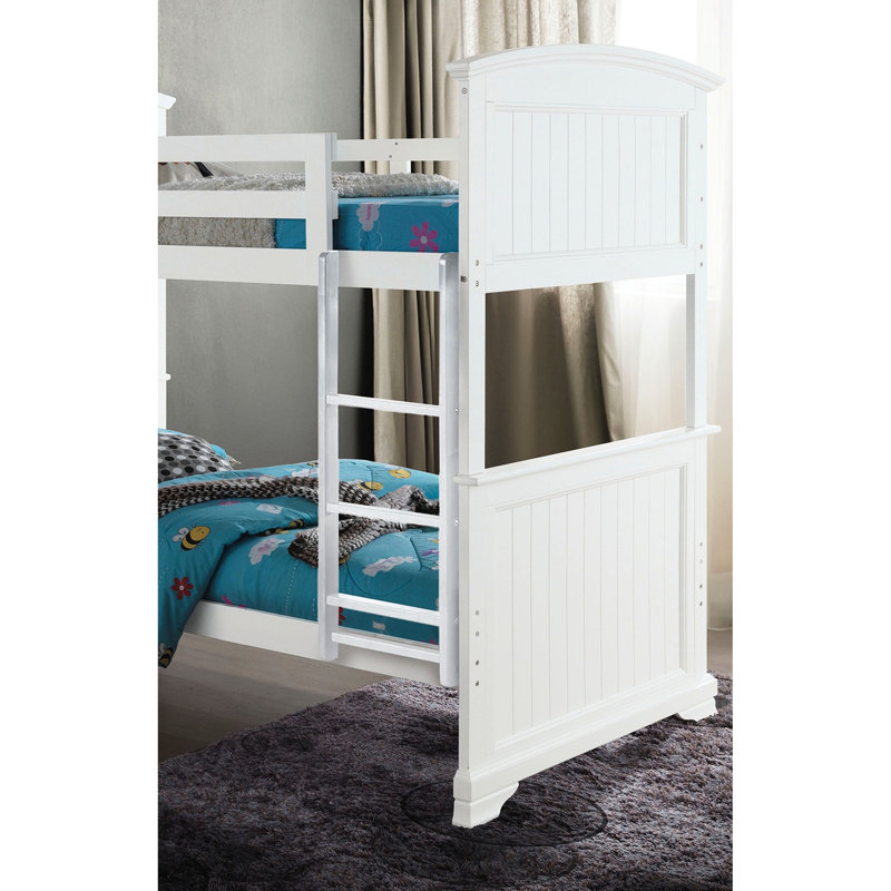 Lit simple superposé blanc transitionnel blanc, conception de planche, tête de lit à panneau et, réversible, pieds de support, lit en bois massif d'ingénierie de style, tête de lit,