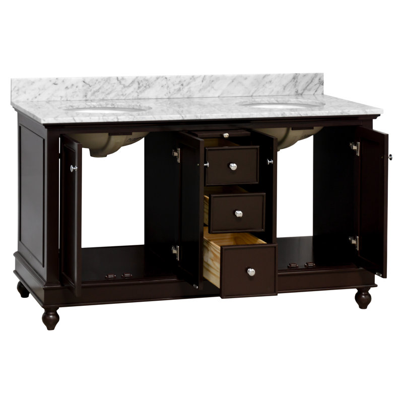 Ensemble de meuble-lavabo double 60 po Ferdinand, Chocolat, Marbre de Carrare