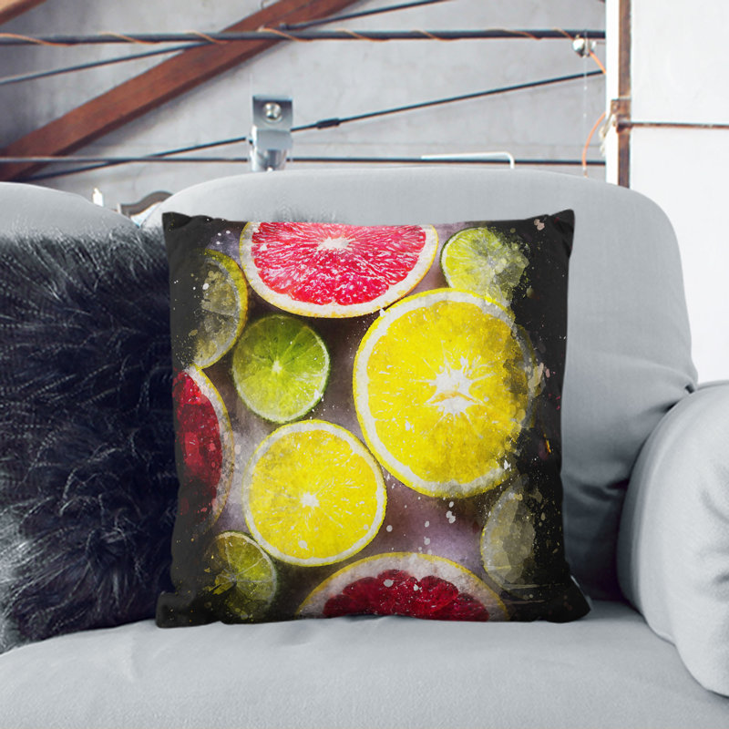 Sliced Citrus Fruits Paint Splash Cushion with Filling, 40cm H x 40cm W x 15cm D, White