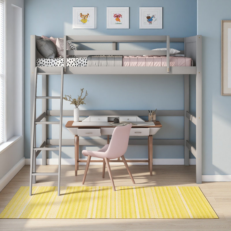 Lit mezzanine simple en bois massif avec échelle, Gris