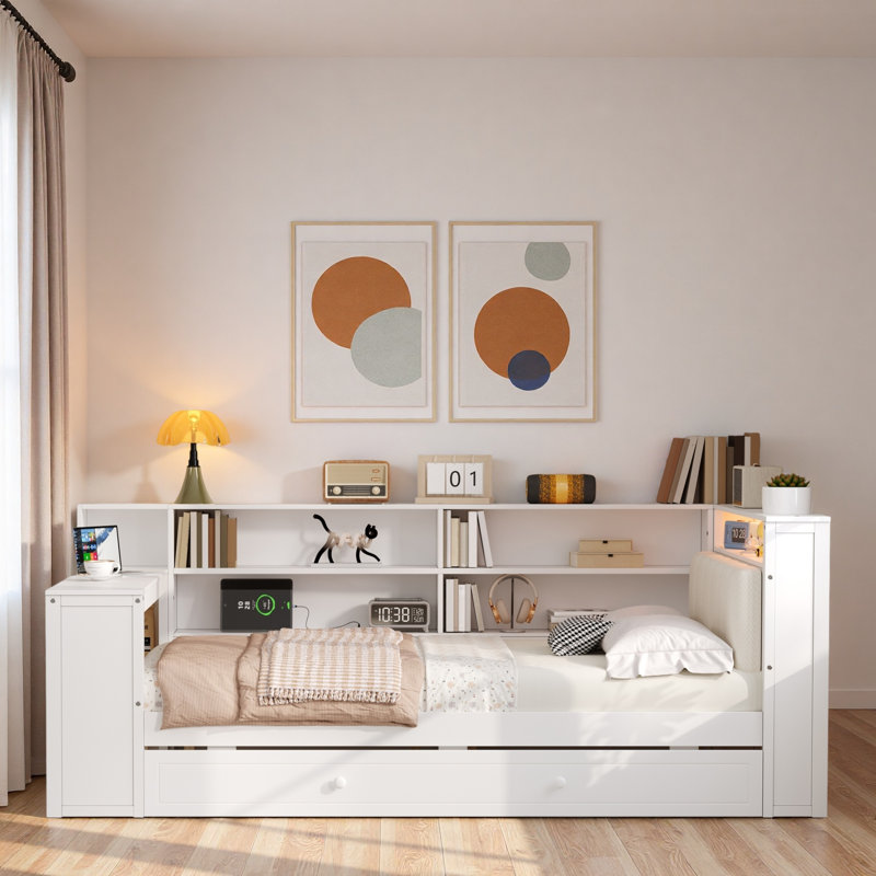 Wood Platform Bed With Storage Shelves, Trundle, Charging Station, Led, Desk And Upholstered Headboard, White