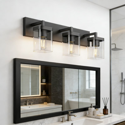Luminaire de meuble-lavabo moderne à 3 lumières avec une conception carrée et une grande plaque arrière rectangulaire, applique murale noire pour miroir de meuble-lavabo, chambre à coucher ou salon