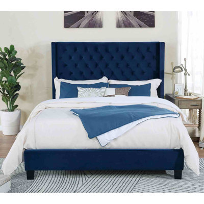 Base de lit grand bleu marine, style transitionnel, revêtement en velours, entièrement rembourré, tête de lit à boutons avec motif à losanges et surpiqué moderne, sur