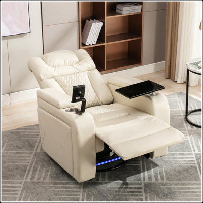 270 Degree Swivel PU Leather Power Recliner With Tray, Phone Holder, Cup Holder, USB Port, And Hidden Arm Storage For Modern Living