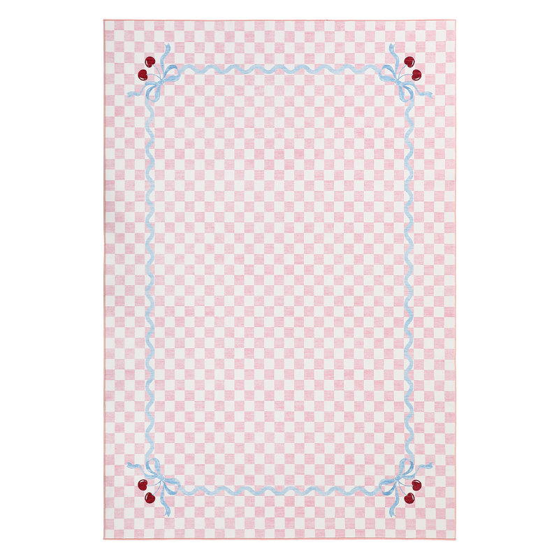 Tapis lavable en faux cerisier Coquette Gingham Cherry avec envers antidérapant, Pink, 9 x 12 pi